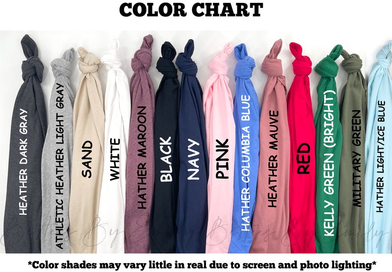 Puede incluir: Carta de colores que muestra 12 colores de camiseta diferentes, incluyendo gris oscuro jaspeado, gris jaspeado claro deportivo, arena, blanco, granate jaspeado, negro, azul marino, rosa, azul columbia jaspeado, malva jaspeado, rojo, verde kelly (brillante), verde militar y azul claro jaspeado.