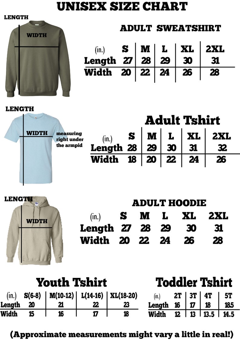 Puede incluir: Tabla de tallas unisex para sudaderas, camisetas y sudaderas con capucha. La tabla incluye medidas en pulgadas para la longitud y el ancho para diferentes tallas, incluidas las tallas para ni&ntilde;os y beb&eacute;s. La tabla tambi&eacute;n incluye una nota que indica que las medidas aproximadas pueden variar un poco en la realidad.