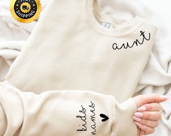 Personalized Aunt Sweatshirt, Custom Kids Names on Sleeve