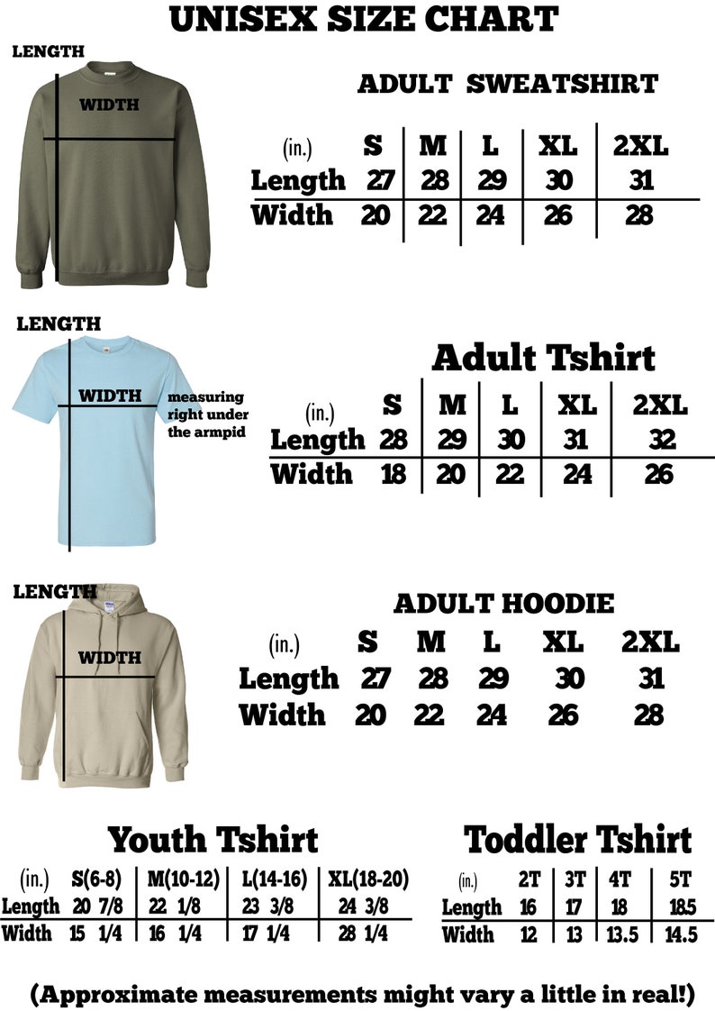 Puede incluir: Tabla de tallas unisex para sudaderas, camisetas y sudaderas con capucha. La tabla incluye medidas en pulgadas para la longitud y el ancho para diferentes tallas, incluidas S, M, L, XL y 2XL. Tambi&eacute;n hay una tabla de tallas separada para camisetas para ni&ntilde;os y camisetas para beb&eacute;s.