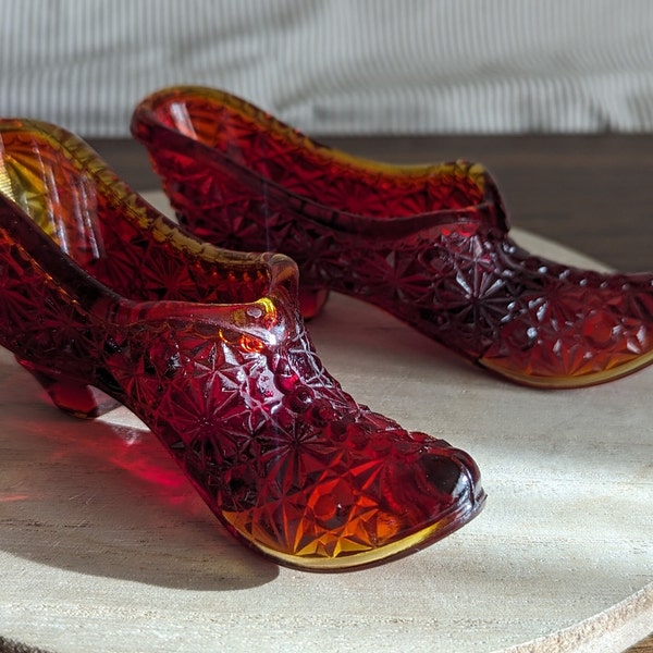 Pair of Vintage Fenton Amberina Daisy and Button Glass Shoes