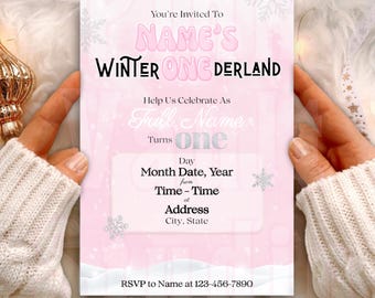 Pink Winter ONEderland 1st Birthday Invitation | Editable Canva Template (Digital Download)