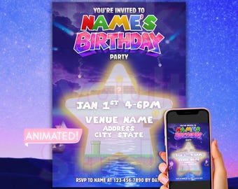 Retro Gamer Birthday Invitation Animated | Galaxy Video Game Party (Digital Download)