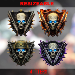 May include: Four digital illustrations of skull emblems with blue glowing eyes. Each emblem features a skull with weapons, including shotguns, machine guns, and swords. The text "RESIZEABLE" and "4 TIERS" are displayed in red.