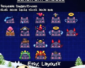 Black Cat Face Sub Badges for Twitch, Pixel Art Bit Badges, Cute Kitty Cat Heads, Kawaii Kitten, Feline Pet, YouTube