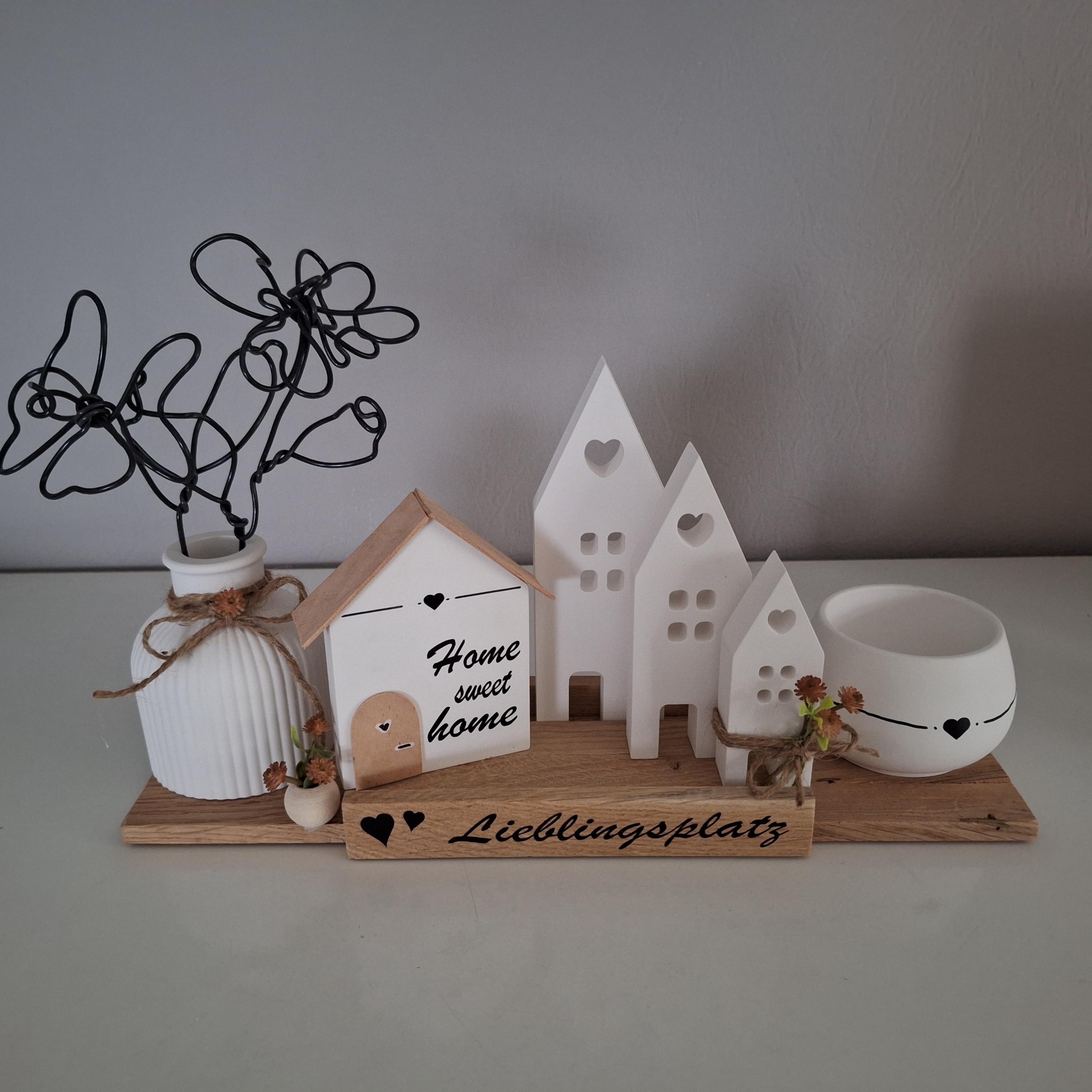 Deko Set home Wohnen Lieblingsplatz Geschenk Kerze Häuschen Schrank Tisch Skandi Holz Drahtblumen Hygge ganzjährig Herbst Winter Mitbringsel