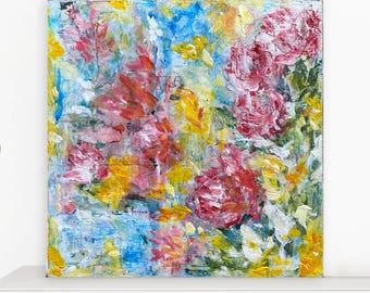 Original Floral Acrylic Painting, Mixed Media Collage Art (8x8)