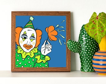 Ilustración de payaso tonto, póster de payaso retro, impresión artística de payaso, arte de payaso retro, ilustración de payaso, tienda de arte, payaso divertido, payaso y flor