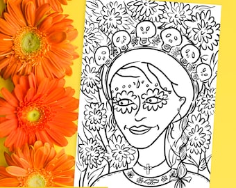 Floral Sugar Skull Girl Coloring Page: Dia de Los Muertos Art (Digital Download), Print and Color