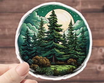 Pine Tree Waterproof Vinyl Sticker, Full Moon Cedar Woods, Sticker for Water Bottle or Car Decal, Woodland Forest, Pacific Northwest