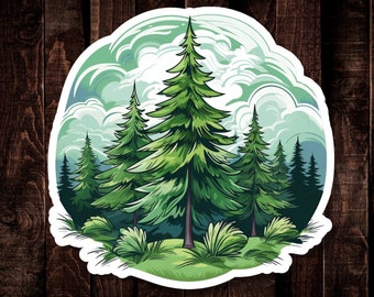 Pine Tree Waterproof Vinyl Sticker, Green Grassy Cedar Woods, Sticker for Water Bottle or Car Decal, Woodland Forest, Pacific Northwest