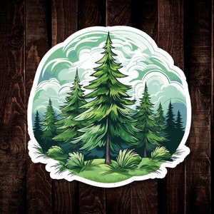 Pine Tree Waterproof Vinyl Sticker, Green Grassy Cedar Woods, Sticker for Water Bottle or Car Decal, Woodland Forest, Pacific Northwest