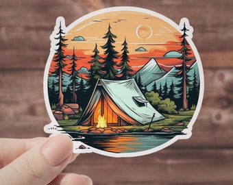 Camping Waterproof Sticker, Outdoors Camp in Nature Vinyl Decal, Forest Campfire and Tent Sticker, Mountains at Sunset in the Deep Woods
