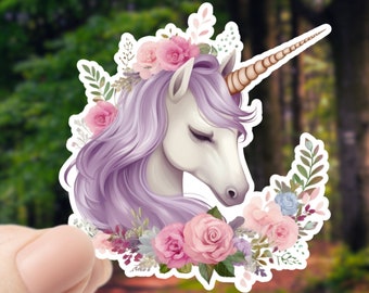 Unicorn Waterproof Sticker, Vinyl Sticker Decals for Water Bottle, Laptop, Phone, Scrapbooking, Soft Purple Floral Unicorn Decal, Fantasy