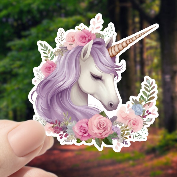 Unicorn Waterproof Sticker, Vinyl Sticker Decals for Water Bottle, Laptop, Phone, Scrapbooking, Soft Purple Floral Unicorn Decal, Fantasy