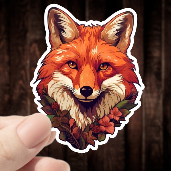 Red Floral Fox Waterproof Sticker, Gift for Fox Lover, Cute Clever Fox, Nature or Animal Lover Gift, Sly Fox Decal for Car or Water Bottle