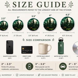 May include: A size guide infographic for circular stickers featuring a forest landscape with a full moon. It displays seven sticker sizes from 2 to 5 inches, alongside common objects like a smartphone, credit card, and mug for scale reference.