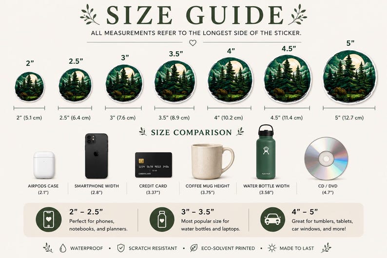 May include: A size guide infographic for circular stickers featuring a forest landscape with a full moon. It displays seven sticker sizes from 2 to 5 inches, alongside common objects like a smartphone, credit card, and mug for scale reference.