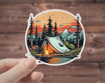 Waterproof Camping Sticker: Forest Campfire Tent, Sunset Mountains