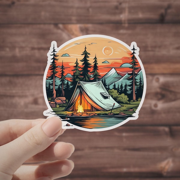 Waterproof Camping Sticker: Forest Campfire Tent, Sunset Mountains