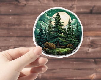 Pine Tree Vinyl Sticker: Full Moon Cedar Forest, Waterproof Decal