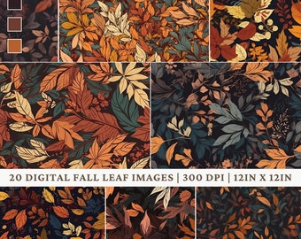 Fall Leaves Digital Paper - 20 Seamless Fall Leaves Patterns - Scrapbook Printing Leaf Design - Colorful Leaves - 12in X 12in 300 DPI