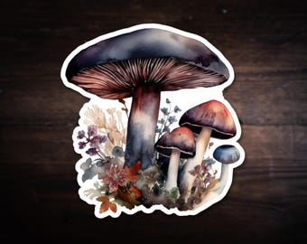 Woodland fungi bouquet with autumn botanicals; cottagecore nature decal for laptop, water bottle, journal