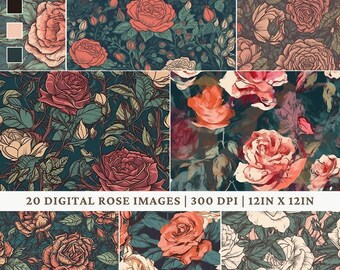 Roses Digital Paper - 20 Seamless Rose Patterns - Scrapbook Printing Rose Design - Red Rose Art