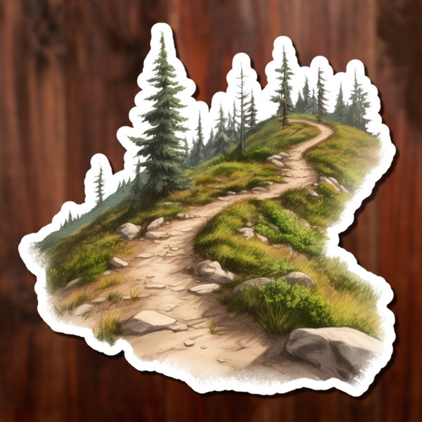 Hiking Trail in the Mountains Waterproof Sticker, Winding Nature Trail within Pine Trees and grassy Hills, Gift for Nature Lover
