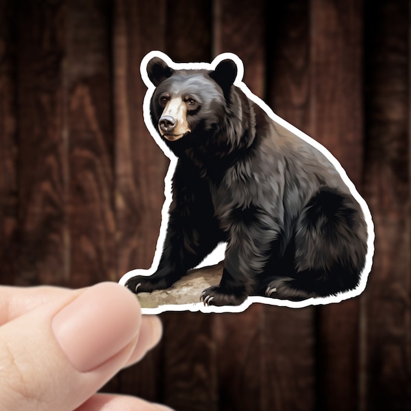 Black Bear Waterproof Sticker, American Black Bear Sitting on the Ground, Great Gift for Man, Gift for Animal Lover, Water Bottle Sticker