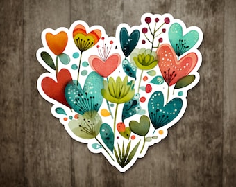 Botanical Heart Sticker – Teal & Coral Floral Decal