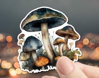 Watercolor Mushrooms Vinyl Sticker – Forest caps and stems with wildflowers; earthy cottagecore decal for laptop, water bottle, journal