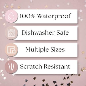 four rectangular labels with text and icons, set against a pink background with scattered gold stars.