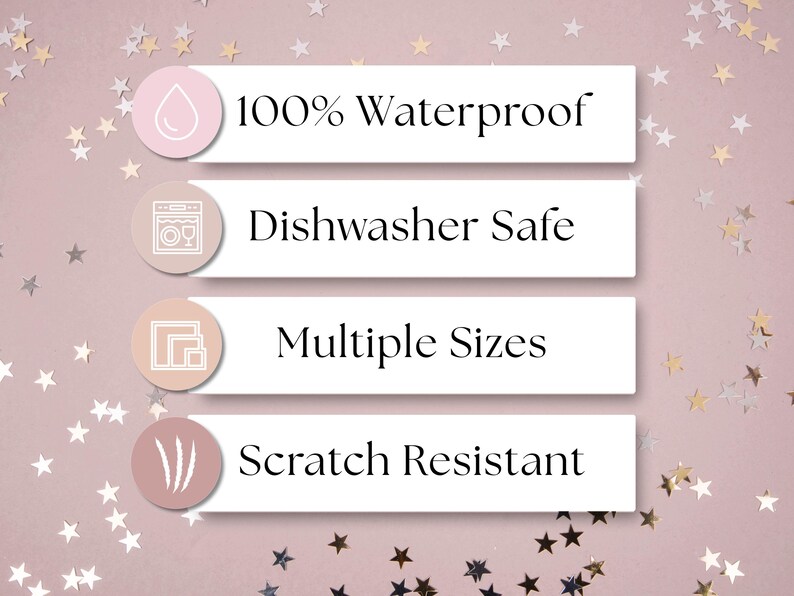 four rectangular labels with text and icons, set against a pink background with scattered gold stars.
