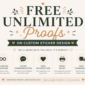 May include: A graphic design featuring the text FREE UNLIMITED Proofs ON CUSTOM STICKER DESIGN in dark green and gold. Below, five circular icons represent unlimited revisions, clear communication, satisfaction, print ready, and fast turnaround.