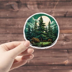 Pine Tree Waterproof Vinyl Sticker, Full Moon Cedar Woods, Sticker for Water Bottle or Car Decal, Woodland Forest, Pacific Northwest