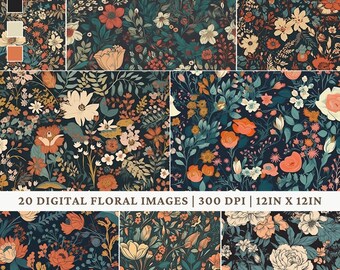Dark Floral Digital Paper - 20 Seamless Floral Patterns - Scrapbook Printing Flower Design - Flower Pattern - 12in X 12in 300 DPI