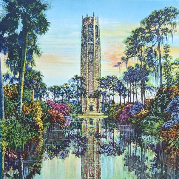 Vintage Wall Art "Bok Tower" mint condition lithograph from hand colored photo of the famous Florida landmark by J.P. Ristig