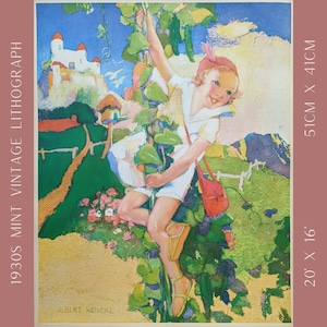 Jack and the Beanstalk | Albert Hencke Print | 1930s Vintage Fairytale Art | Classic Children&#39;s Wall Decor