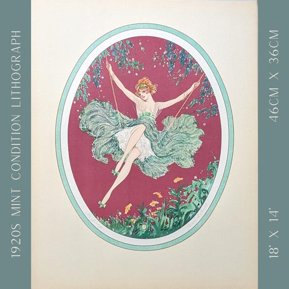 Vintage French Art Deco Wall Art, “Swing,” Marcel Le Boulte Lithograph