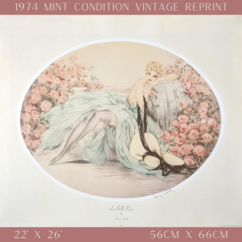 May include: A vintage reprint of "La Belle Rose" from 1974. The artwork features a woman in a flowing green dress, surrounded by pink roses. The print measures 22 x 26 inches.
