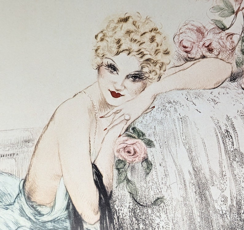 Close-up of 'La Belle Rose' by Icart focusing on the woman's face and upper body. She has a curly blonde bob, red lips, and an inviting expression.