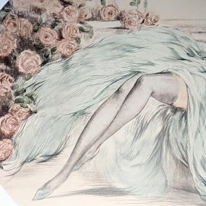 May include: An artistic illustration featuring a figure draped in a light blue fabric, with a leg clad in a dark stocking. The artwork includes a backdrop of pink roses, creating a vintage aesthetic. The style is reminiscent of classic art.