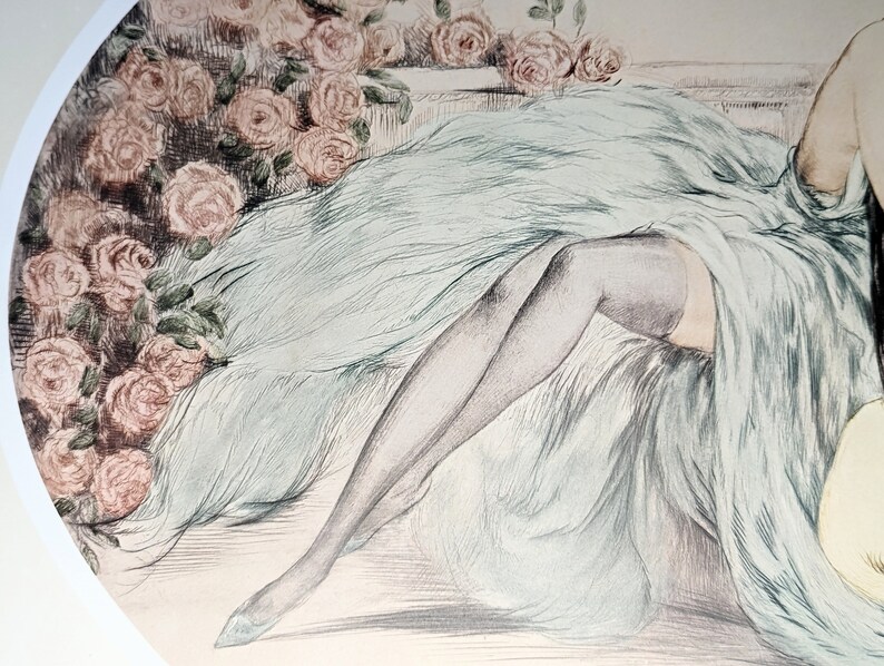 May include: An artistic illustration featuring a figure draped in a light blue fabric, with a leg clad in a dark stocking. The artwork includes a backdrop of pink roses, creating a vintage aesthetic. The style is reminiscent of classic art.