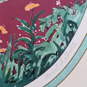 May include: A colorful botanical print featuring a floral design with yellow flowers and green foliage against a burgundy background. The print is signed "Marcel Le Boulte" and includes the copyright symbol and initials "M & B."
