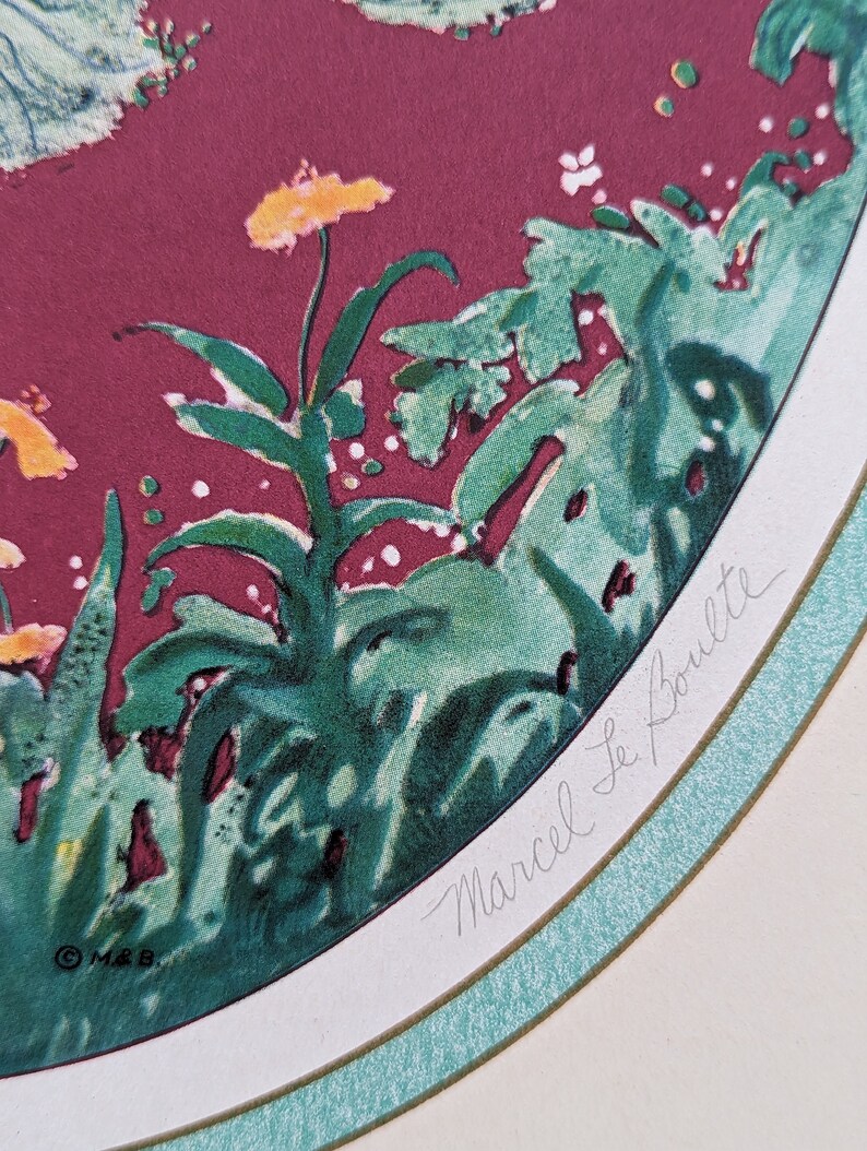 May include: A colorful botanical print featuring a floral design with yellow flowers and green foliage against a burgundy background. The print is signed "Marcel Le Boulte" and includes the copyright symbol and initials "M & B."