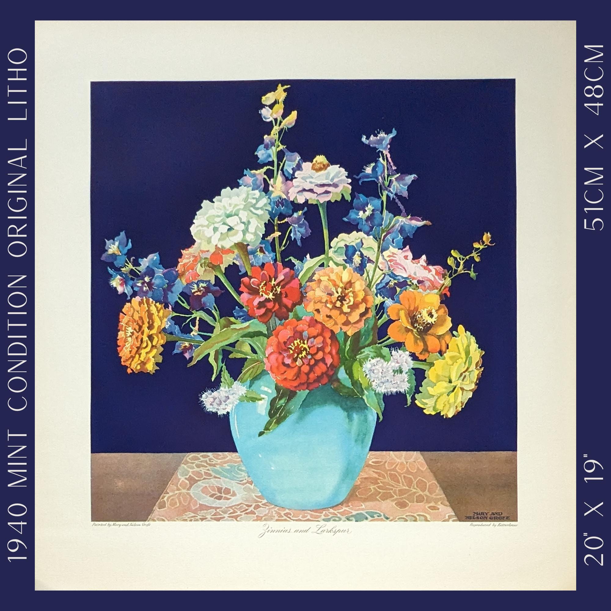 Vintage Floral Wall Art | Zinnias and Larkspur by Mary & Nelson