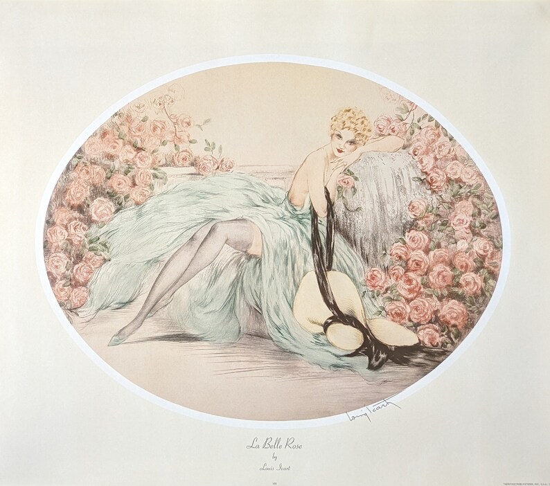 Vintage French art print 'La Belle Rose' by Louis Icart is an illustration of a woman reclined elegantly amongst a bower of pink roses, wearing a flowing, light turquoise dress
