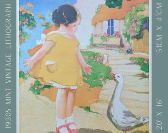 May include: A vintage lithograph from the 1930s, featuring a young girl in a yellow dress and red shoes interacting with a goose. The artwork, measuring 20 x 16 inches, showcases a cottage and garden scene with the artist's signature.