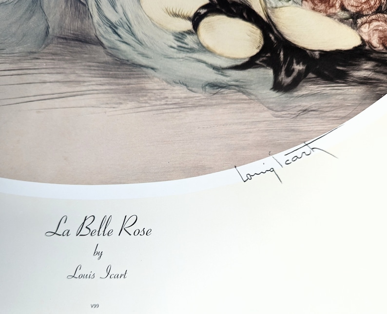 May include: A print of "La Belle Rose" by Louis Icart. The artwork features a woman with a floral arrangement and a soft, muted color palette. The artist's signature is visible in the lower right corner. The title and artist's name are printed below the artwork.